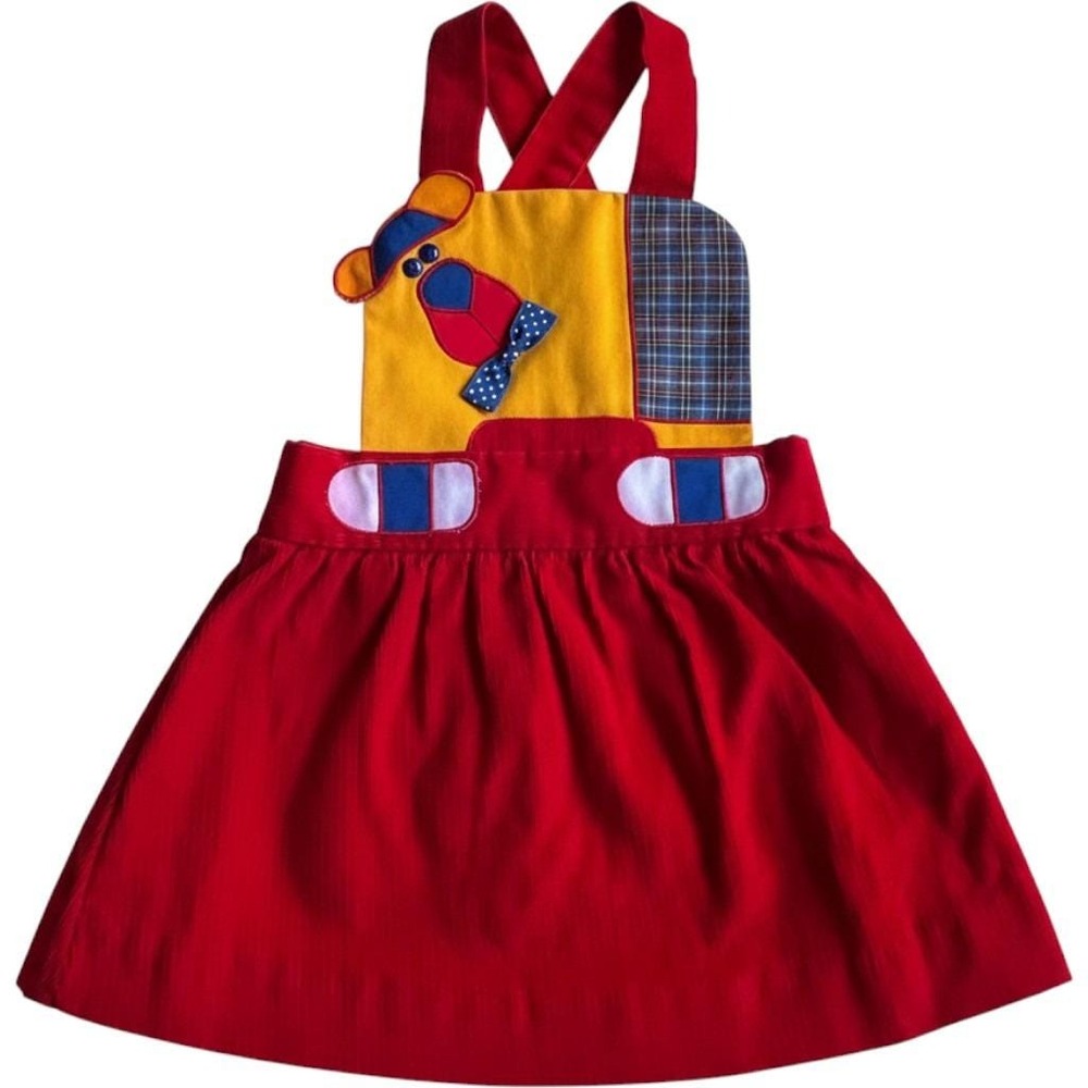 Ruth Scharf Vintage Red Corduroy Teddy Bear Jumper Dress 3T USA rare  90s unique